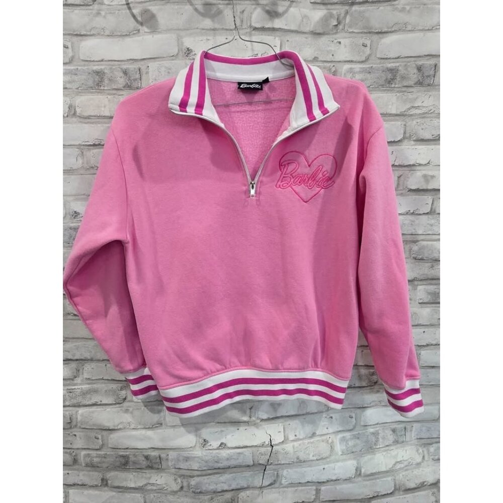 Barbie Women Size M Shirt‎ Pink Embroidered Barbie Quarter Zip Varsity Pullover